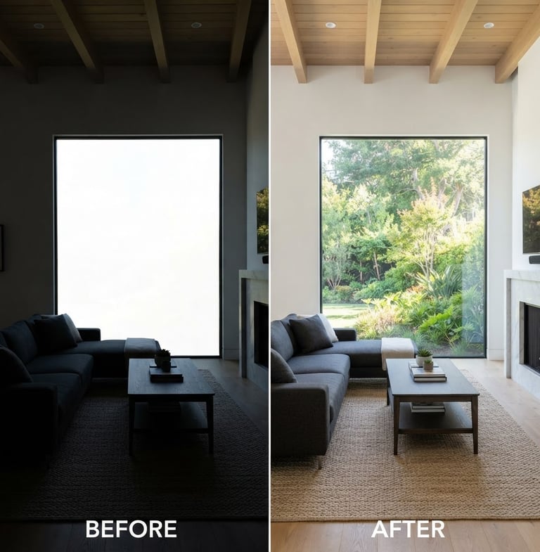 Wide-angle interior shot of a modern, bright living room with a perfectly exposed window showing a vibrant green garden outside, crisp architectural lines, balanced daylight. Before and after comparison.