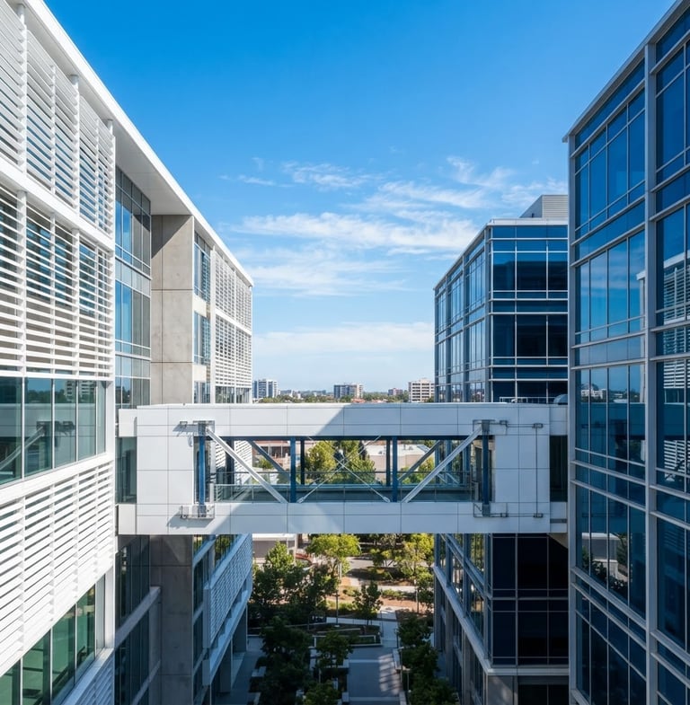 Sharp, daylight-lit shot of a modern outdoor wireless bridge connecting two buildings, clear blue sky, architectural framing, crisp white and deep blue tones, no people.