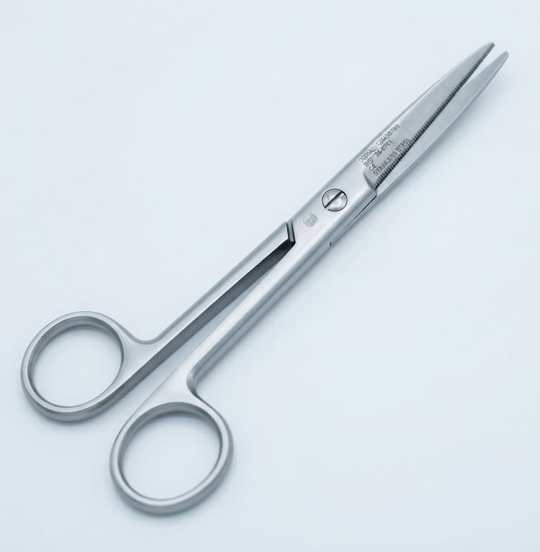 Crisp product photography of satin-finished surgical operating scissors, clean sterile white background, cool studio lighting, sharp macro detail showing fine serrations and laser-etched serial numbers, 100mm lens