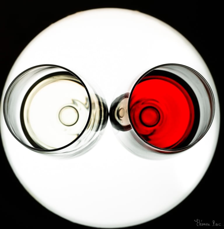 Un verre de vin blanc et un verre de vin rouge vus de dessus rétroéclairés