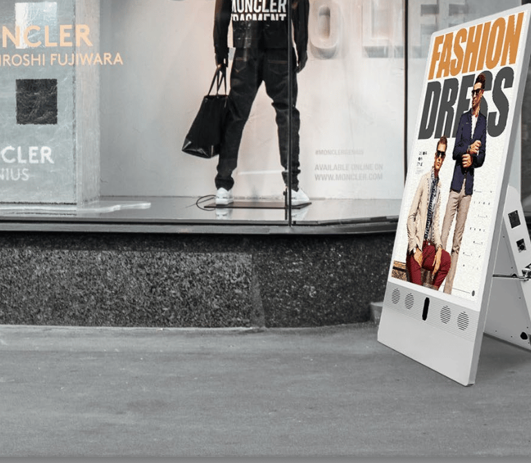 ClaraTech portable battery-powered outdoor A-frame digital signage with IP65 protection and optional