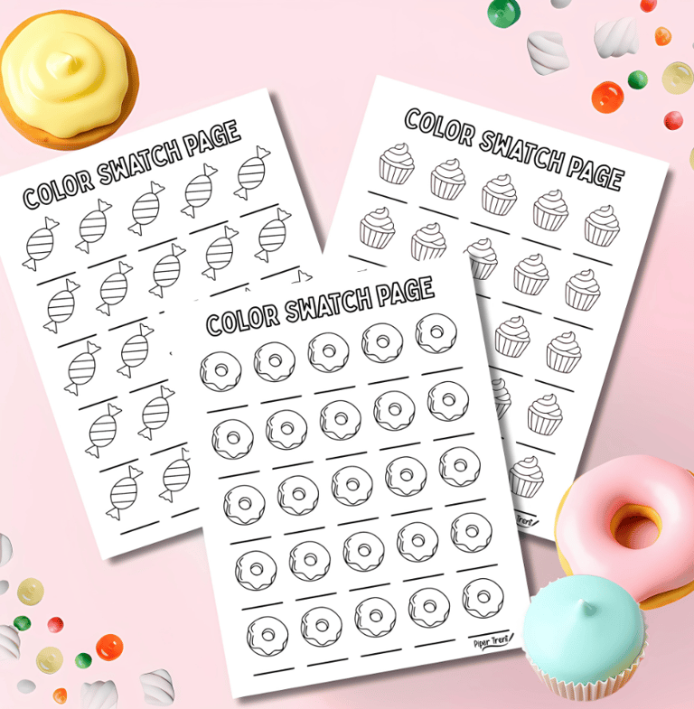 3 color swatch pages with dessert themed objects