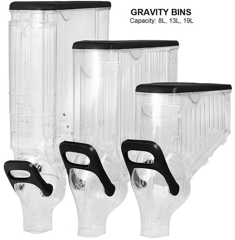 a group of three clear plastic containers with black plastic lids