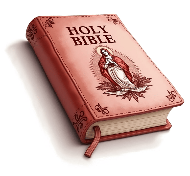 Old leather Bible book cover with picture of Mary.