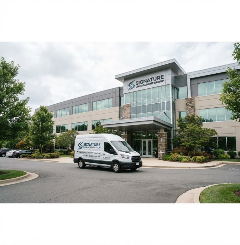 Wide panoramic shot of a modern commercial building facade with a branded Signature Management Group fleet vehicle parked prominently in front, bright overcast daylight, sharp focus, 35mm