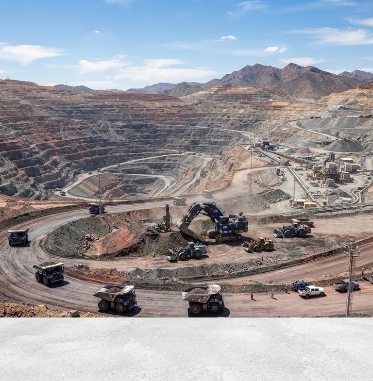 Wide panoramic shot of a modern, active open-pit mine site at daylight, with heavy machinery in the mid-ground and a clear blue sky, crisp industrial photography, sharp focus, safety-blue and charcoal tones.
