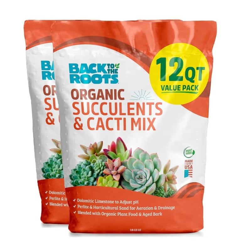 Back to the Roots organic succulent and cactus soil mix with perlite and bark for drainage