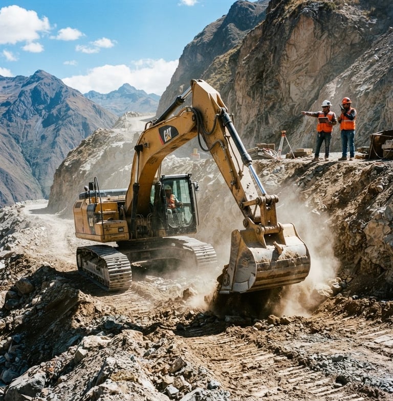 Low-angle heroic shot of a heavy excavator operating on a rugged Peruvian Andean highway construction site, harsh daylight highlighting dust and concrete textures, engineers in high-vis vests and hard hats supervising in the background, 35mm industrial documentary style.