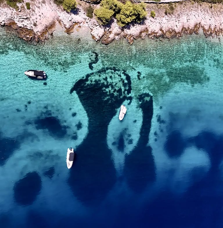 Aerial panoramic view of Drvenik Mali Island, seen on a private boat tour off the coast of Split, Croatia.