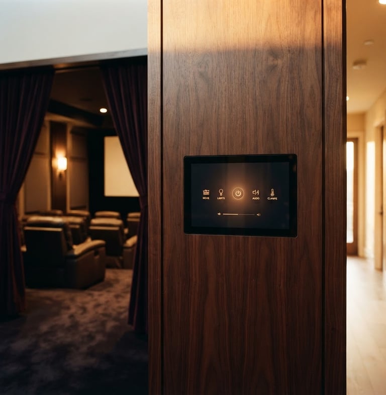 Wide shot of a luxury home theater control panel flush-mounted in dark wood, single-touch interface, warm ambient lighting, no visible wires, 35mm.