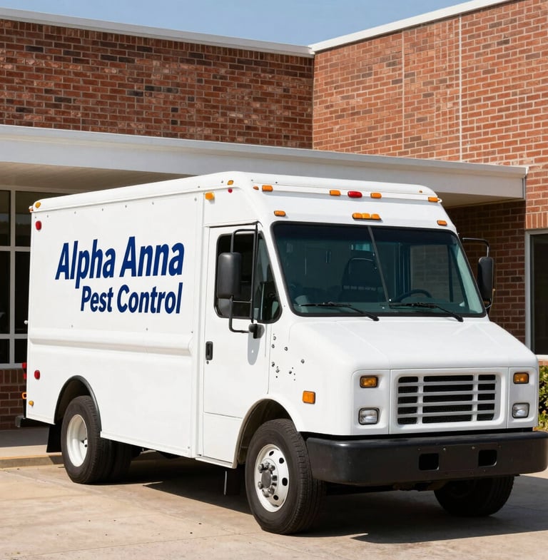 Authentic editorial photography of a clean Alpha Anna Pest Control service truck parked outside the brick office at 400 S Riggins St, bright Texas daylight, high contrast natural tones, sharp focus, 35mm lens