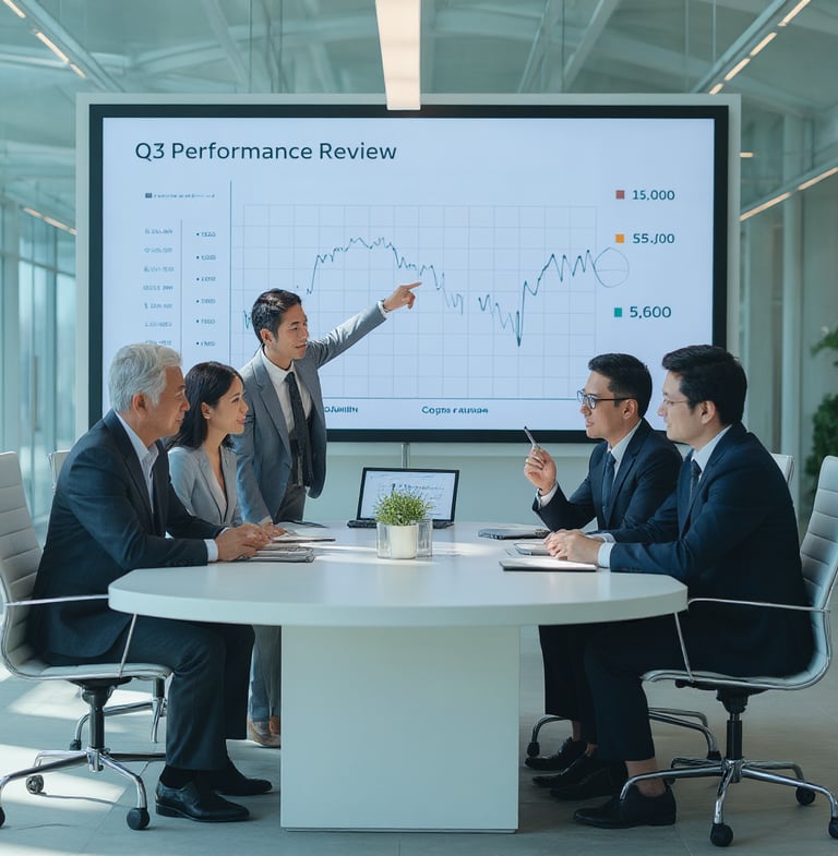 Strategic meeting evaluating corporate performance and analytics.