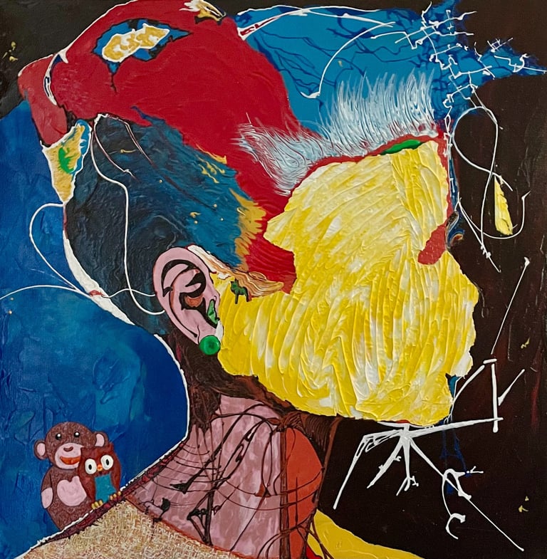 Abstract mixed media painting of a profile portrait with vibrant red, yellow, and blue impasto textures.