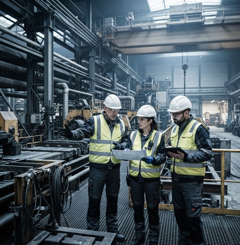 Ingenieros en sitio con equipo de protección personal (EPP) completo, casco, chaleco de alta visibilidad, gafas de seguridad, en una planta industrial de gran escala, bajo luz diurna nublada, tonos fríos y desaturados, enfoque nítido, alto contraste, lente de 35 mm.