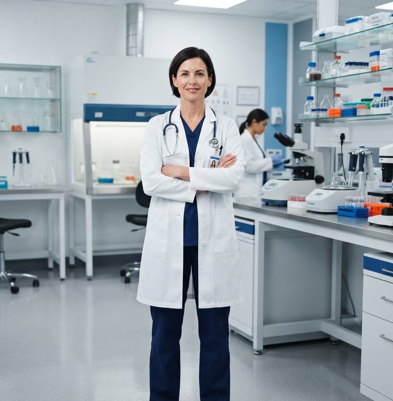 A doctor in a pristine white lab coat, standing confidently in a modern, sterile laboratory environment, bright clinical studio light, sharp focus, medical blue and neutral tones, 50mm lens, professional and authoritative