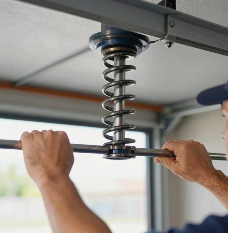 Close-up documentary-style shot of a technician's hands using a winding bar to tension a heavy-duty steel garage door torsion spring, clear overhead garage lighting, 35mm.