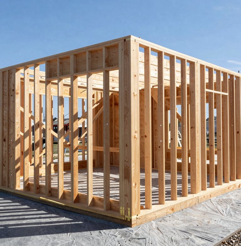 Wide shot of a modern residential timber frame under construction, bright natural Alberta daylight, high-contrast shadows, sharp focus on the joinery, 35mm lens