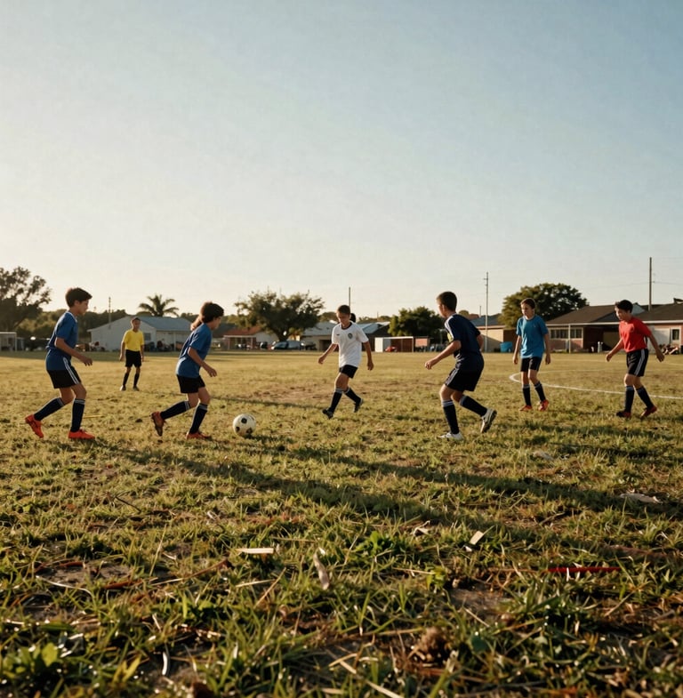 Wide shot of children playing soccer on a community field at golden hour, low angle, worn grass, authentic documentary photography, 35mm film grain, capturing the joy of play