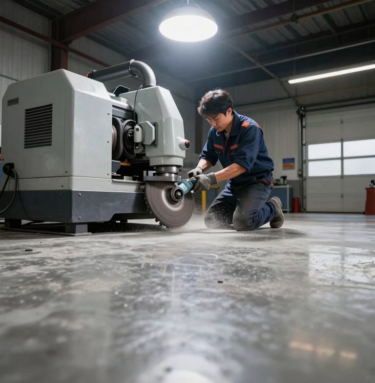 Technician operating a heavy diamond-grinding machine on a concrete floor, creating a fine dust, bright overhead lighting, high-contrast industrial tones, focused on the grinding head and concrete texture, wide-angle.