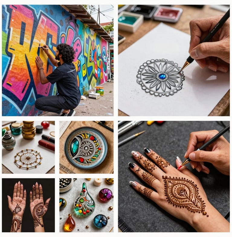 A vibrant collage of graffiti, glass painting, and pastry art representing diverse artist portfolios.