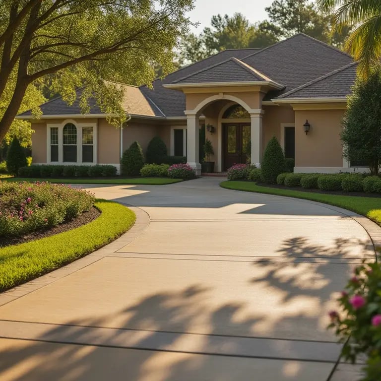 Freshly pressure-washed concrete driveway in a residential area of Apopka, Florida.