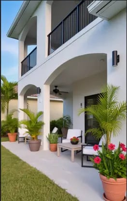 Modern concrete patio with seating area in Apopka home—built for Florida heat and rain