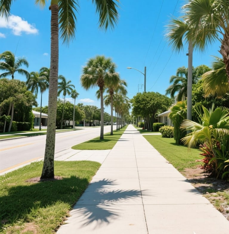 a cocnrete sidewalk with palm trees 