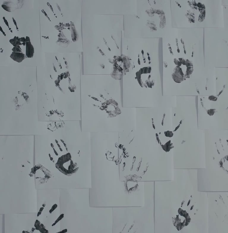 GORIGO creatividad publicitaria pared de folios con manos pintadas en negro