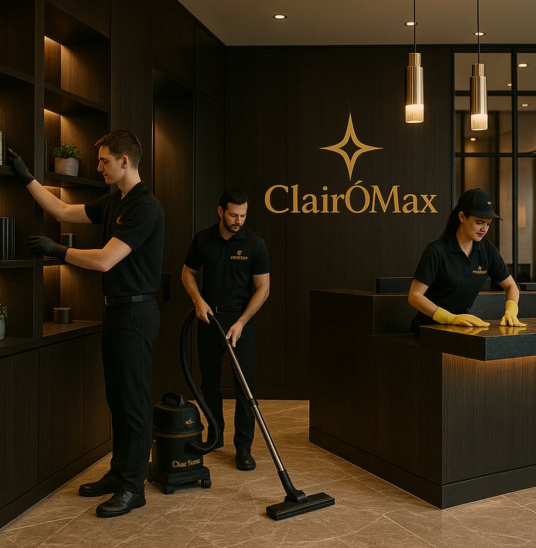 Employés de ClairÔMax nettoient un bureau professionnel avec du matériel adapté