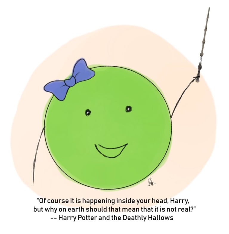 Drawing of wise pea with a Harry Potter quote