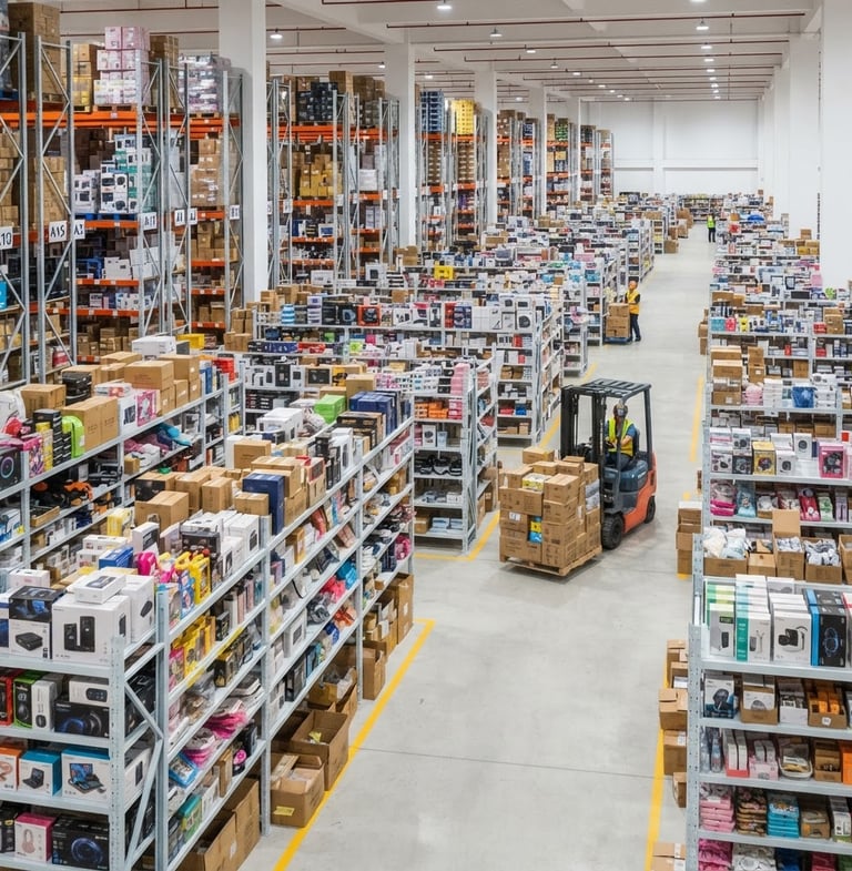 Wide shot of an organized Yiwu warehouse interior, shelves stacked with various consumer goods, clean and brightly lit, with a forklift moving a pallet in the background, sharp focus, 50mm lens