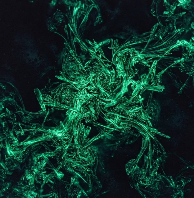 Macro close-up of liquid crystal structures flowing, glowing emerald green light, dark obsidian background, moody editorial photography, 35mm