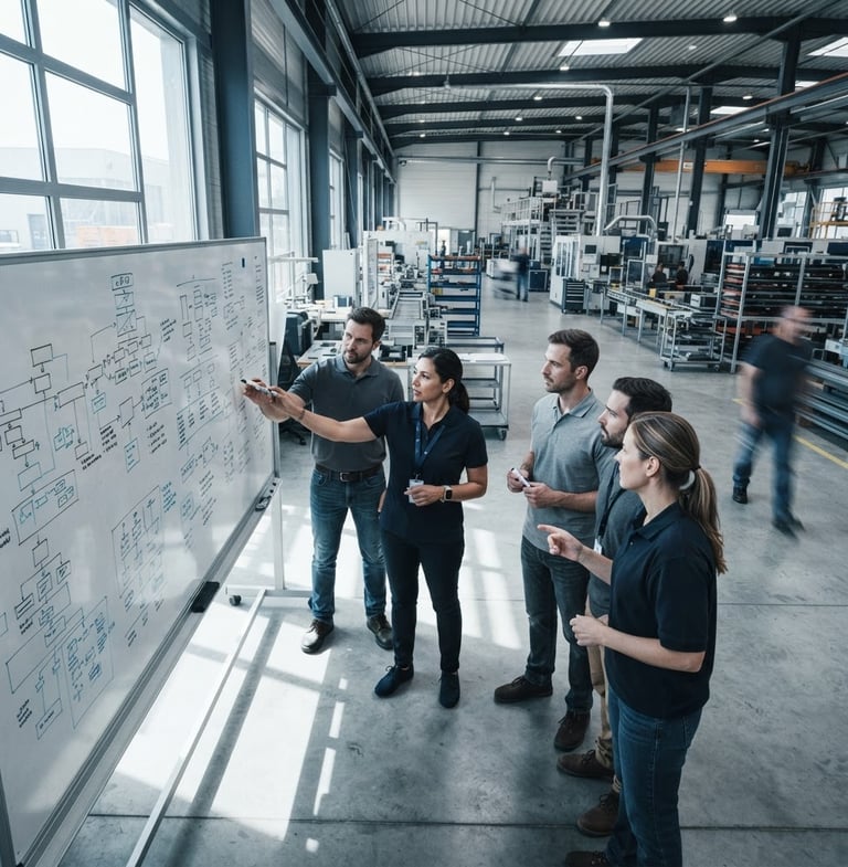 Operations team collaborating on a whiteboard in a modern manufacturing facility, bright natural daylight, crisp shadows, cool desaturated tones, wide-angle lens