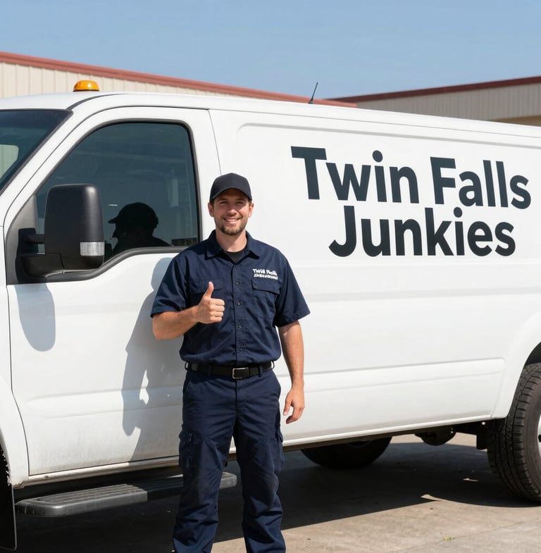 Professional Junk Junkies crew member in uniform, smiling and giving a thumbs-up next to a clean, branded truck in bright daylight, Twin Falls background.