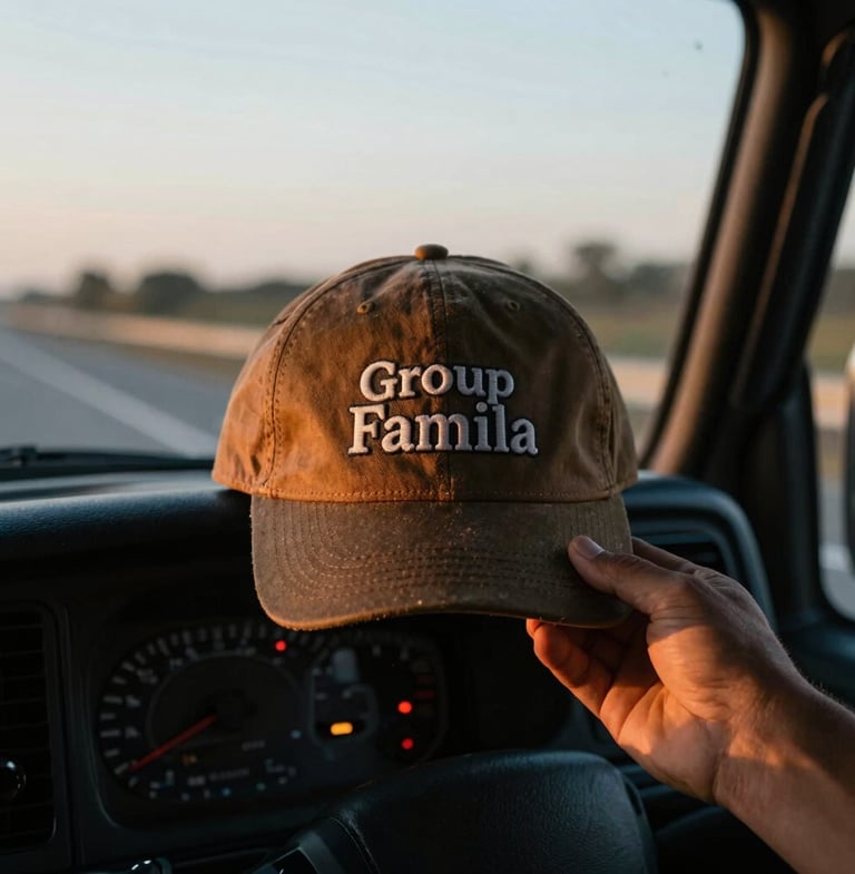 Close-up of a truck driver's hand holding a Group Familia cap, dashboard lights subtly illuminating the scene, outside a blurred highway at golden hour, rugged lifestyle photography, moody cabin dashboard light, deep tobacco and midnight blue tones, 35mm film.