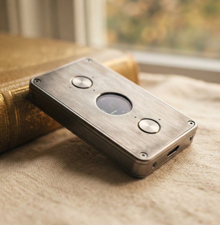 Macro close-up of a brushed metal hardware wallet, warm editorial photography, soft natural window light, muted cream and gold tones, shallow depth of field, 35mm