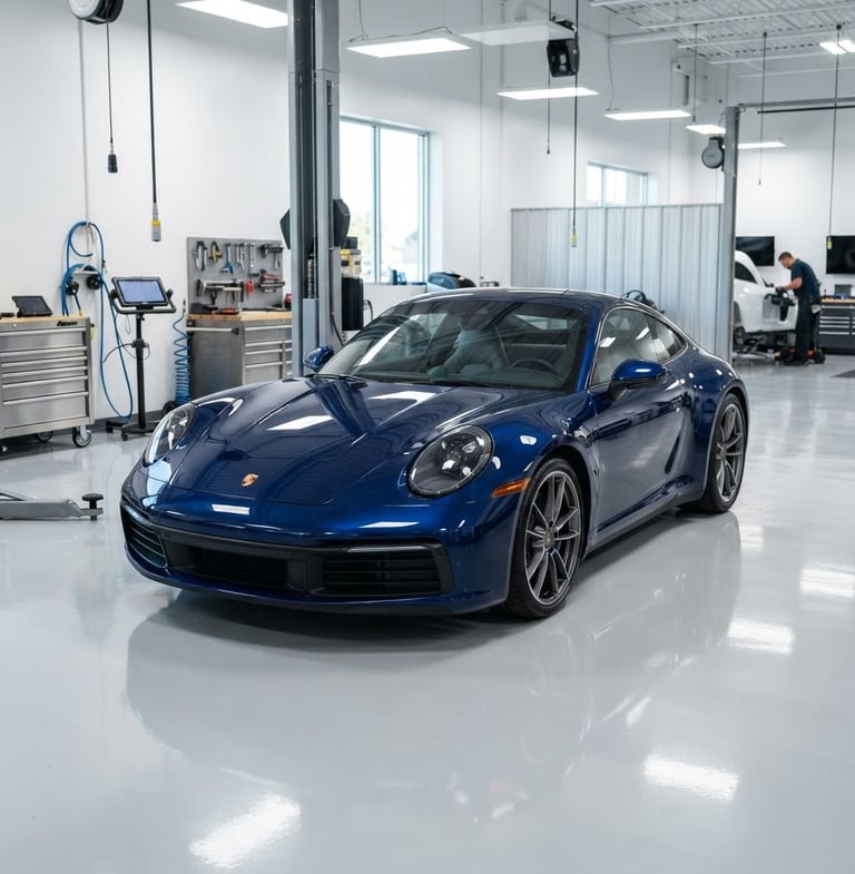Crisp commercial photography of Ebenezer Collision Center bright clean workshop, a pristine premium vehicle in a well-lit bay with sharp reflections on polished metal, high-contrast clean tones, 50mm lens