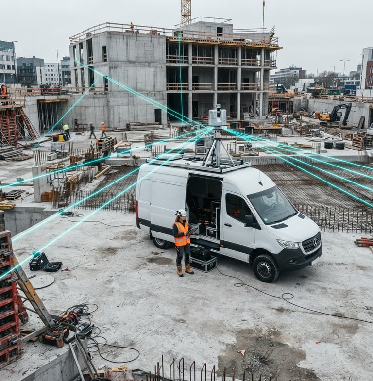 Wide shot of a specialized 3D laser scanning vehicle parked on a raw concrete construction site, crisp overcast daylight, operator visible beside the vehicle, neon cyan laser beams subtly visible.