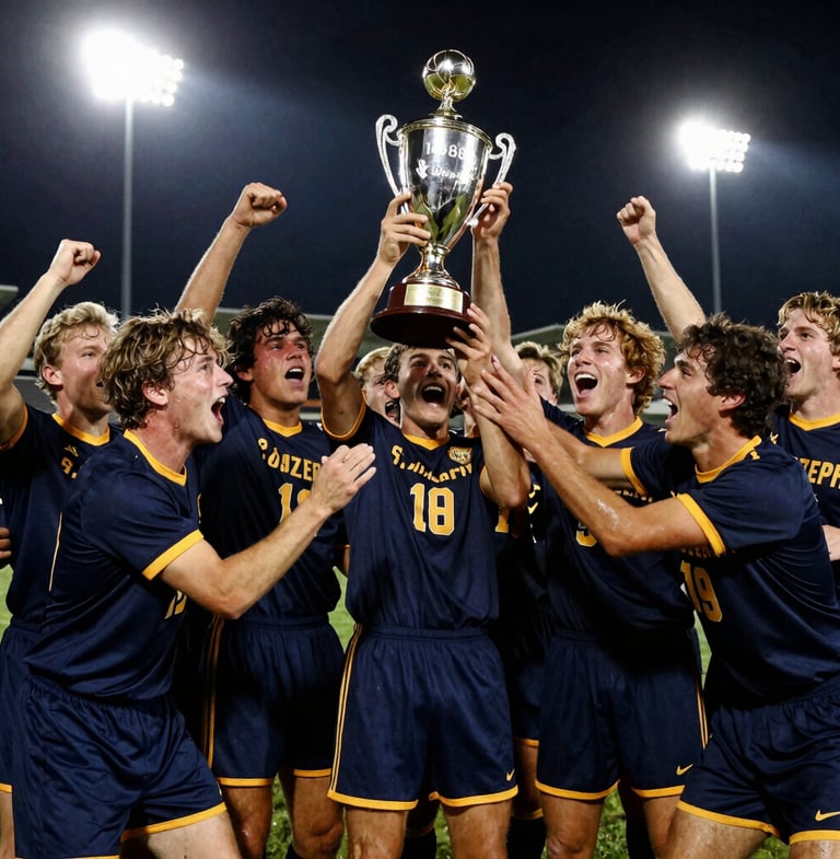Historic high-contrast photo of the 1988 St. Joseph Boys Soccer team celebrating their state championship, players in vintage navy and gold uniforms, trophy prominently displayed, stadium floodlights, low-angle dynamic action shot, tight emotional close-up of players, deep navy and gold tones, sharp focus, 70-200mm lens.