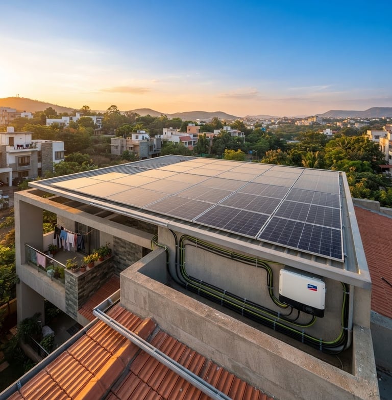 Wide-angle architectural shot of a residential rooftop solar installation in Maharashtra at sunrise, clean wiring visible, bright morning sunlight, high detail, crisp blue and warm yellow tones. Image bleeds to the right.