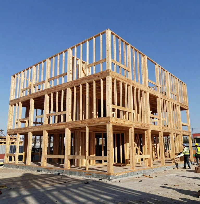 Wide-angle shot of a multi-story wood-framed structure under construction, blue sky background, sharp geometric shadows, active crew members in safety gear.
