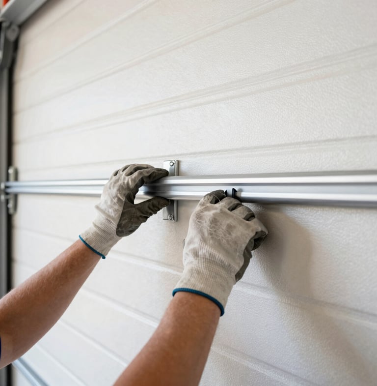 Close-up of a technician's hands adjusting a garage door track, focused on the track alignment, wearing work gloves, bright garage interior lighting, high-contrast industrial tones, sharp focus, 35mm lens