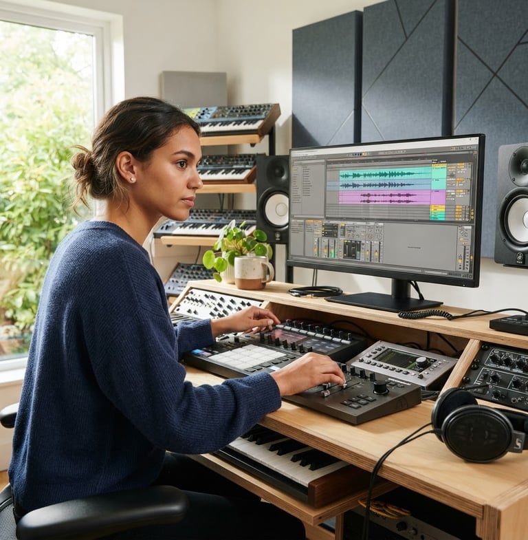 Music creator in a bright home studio, focused on a digital audio workstation, natural daylight, clean blue and slate tones, sharp focus, modern professional aesthetic.