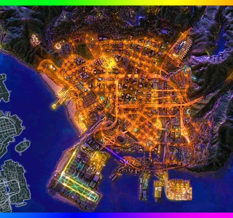 GTA 6 map comparison showing city lights at night versus the GTA 4 Liberty City layout.