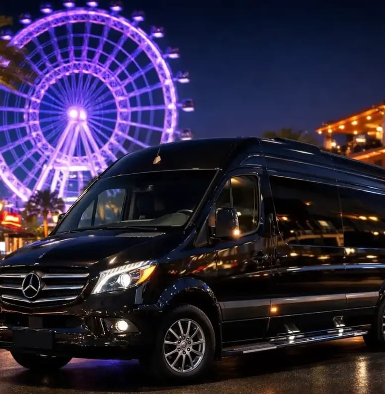 Luxury black Mercedes Sprinter limo van parked at night with a purple glowing ferris wheel in the background.