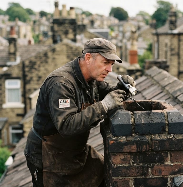 Medium shot of a CSIA-certified chimney sweep on a roof, carefully inspecting a chimney flue, natural overcast daylight, deep charcoal and brick-red tones, shallow depth of field, with the sweep positioned to the right.