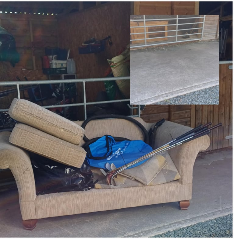 before and after picture of a sofa having been removed from a property in fernil heath worcester