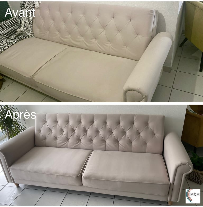 Avant après shampouinge d'une assise de canapé blanche nettoyage en profondeur à Rouen M&M Services