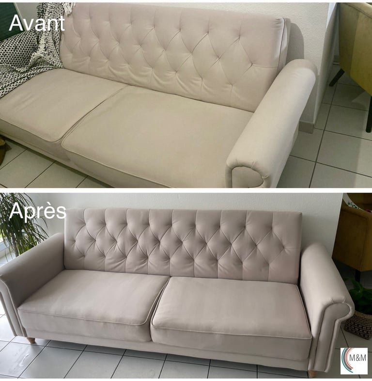 Avant après shampouinge d'une assise de canapé blanche nettoyage en profondeur à Rouen M&M Services 