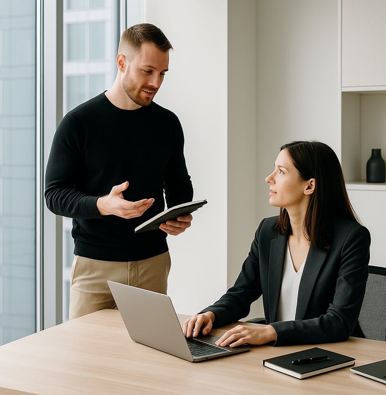a man and woman sitting at a table with a laptop
